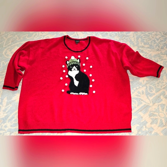 Torrid 5X Pullover Crew Neck Sweater-Holiday Red Cat Poms NWOT, never worn - Picture 1 of 5